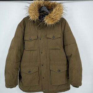 Tommy Hilfiger Men Synthetic Down Olive Green Puffer Parka Jacket Fur Hood Large